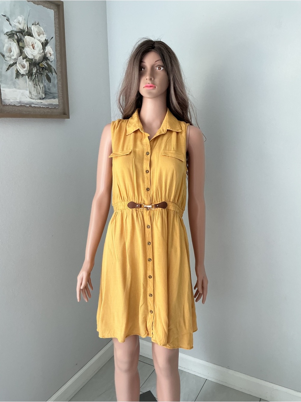 Ryan Michelle Sleeveless Button-Front Yellow Shirt Dress with Belt